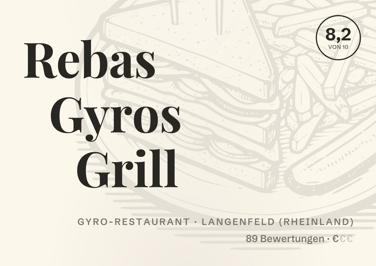 Illustriertes Poster von Rebas Gyros Grill, Gyro-Restaurant in Langenfeld (Rheinland): Bewertung 8,2 von 10 aus 89 Bewertungen, Preisniveau €
