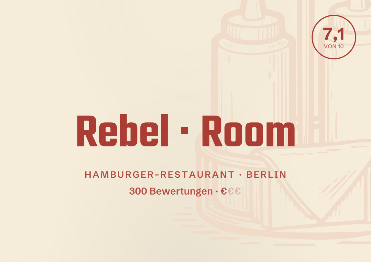 Illustriertes Poster von Rebel Room, Hamburger-Restaurant in Berlin: Bewertung 7,1 von 10 aus 300 Bewertungen, Preisniveau €