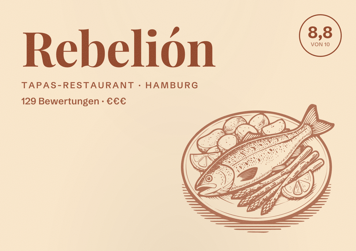Illustriertes Poster von Rebelión, Tapas-Restaurant in Hamburg: Bewertung 8,8 von 10 aus 129 Bewertungen, Preisniveau €€€