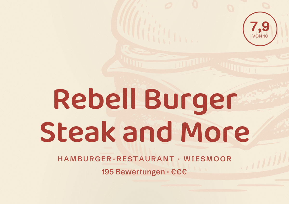 Illustriertes Poster von Rebell Burger Steak and More, Hamburger-Restaurant in Wiesmoor: Bewertung 7,9 von 10 aus 195 Bewertungen, Preisniveau €€€