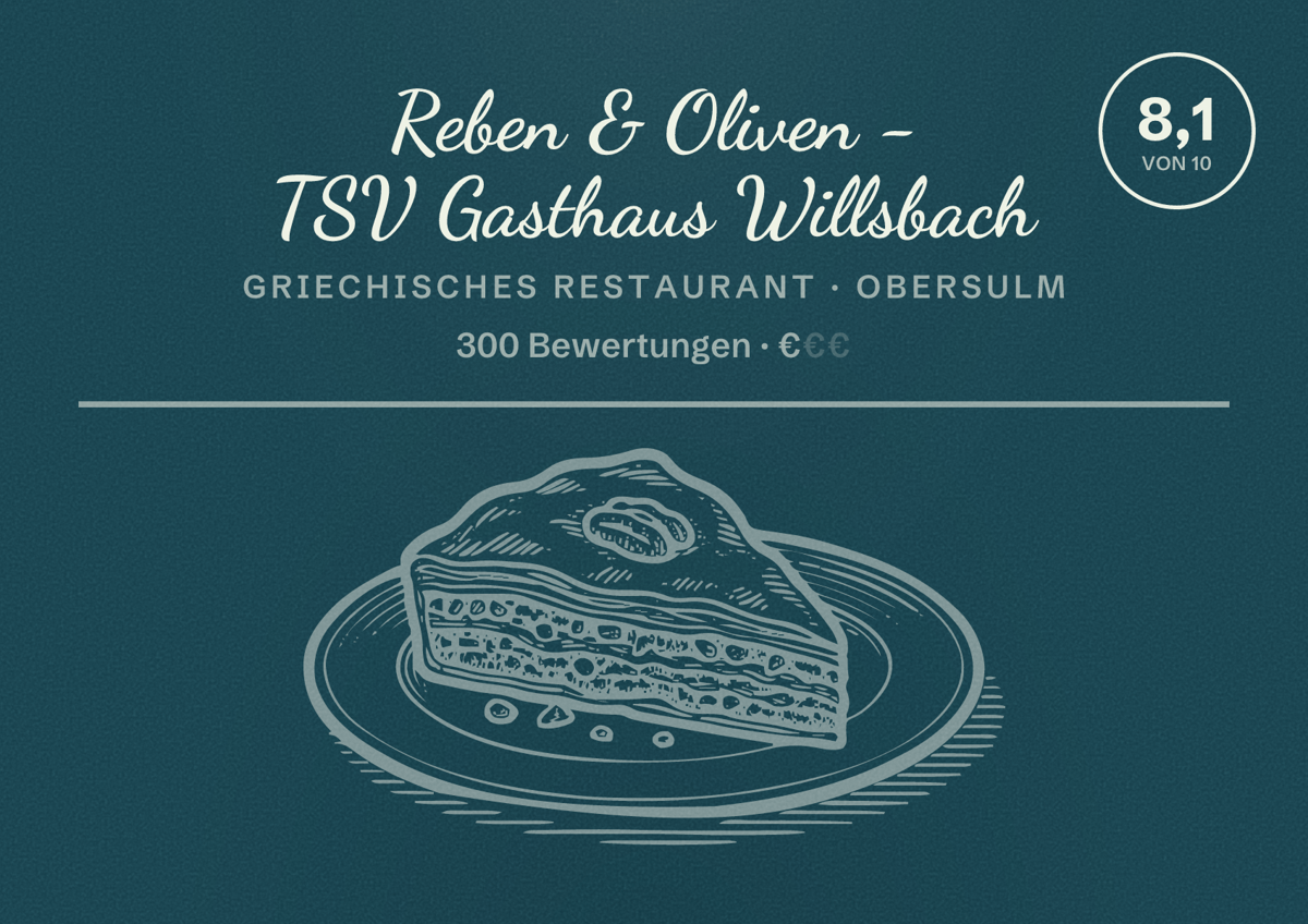 Illustriertes Poster von Reben & Oliven - TSV Gasthaus Willsbach, Griechisches Restaurant in Obersulm: Bewertung 8,1 von 10 aus 300 Bewertungen, Preisniveau €