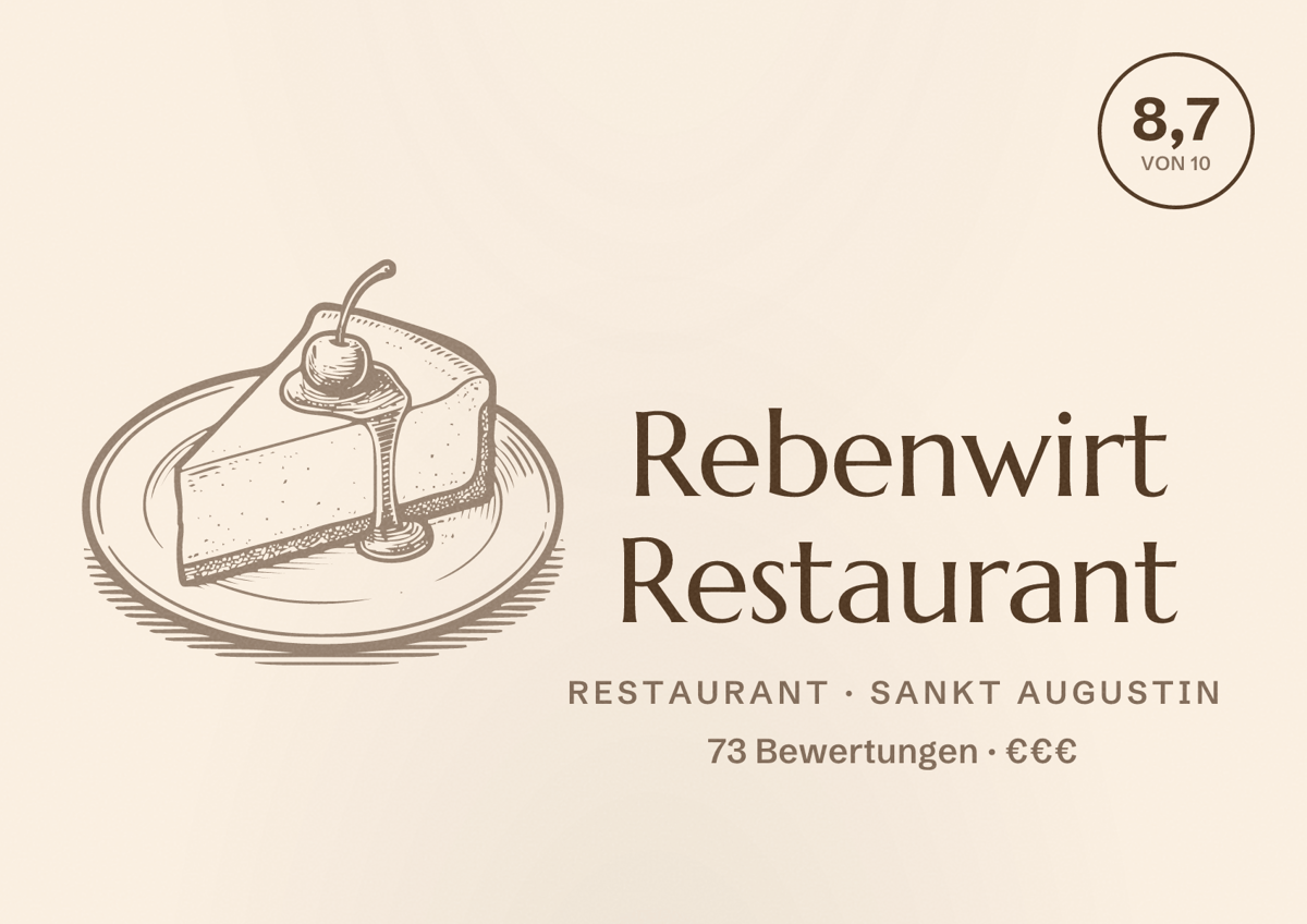 Illustriertes Poster von Rebenwirt Restaurant, Restaurant in Sankt Augustin: Bewertung 8,7 von 10 aus 73 Bewertungen, Preisniveau €€€