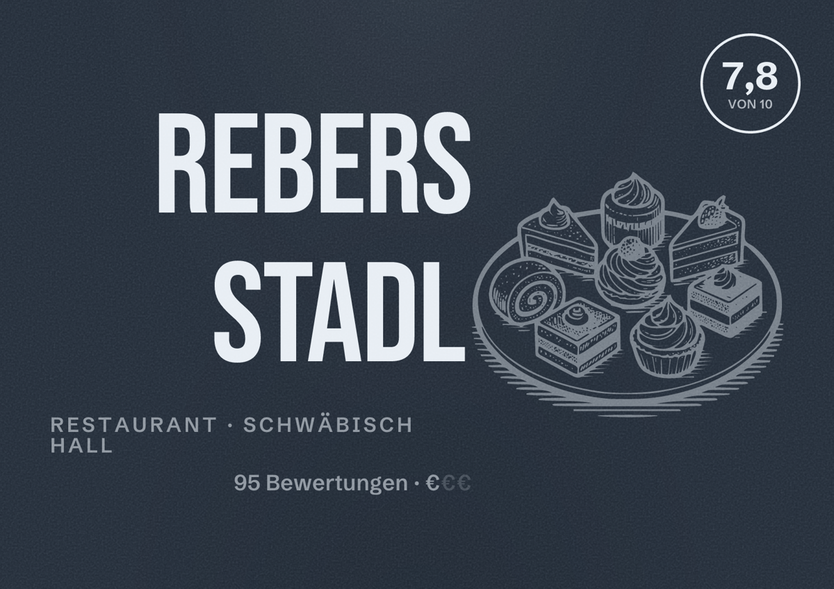 Illustriertes Poster von Rebers Stadl, Restaurant in Schwäbisch Hall: Bewertung 7,8 von 10 aus 95 Bewertungen, Preisniveau €