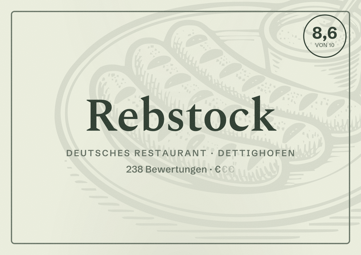 Illustriertes Poster von Rebstock, Deutsches Restaurant in Dettighofen: Bewertung 8,6 von 10 aus 238 Bewertungen, Preisniveau €