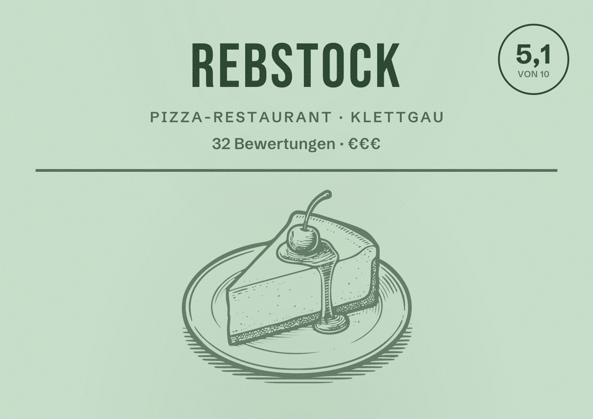 Illustriertes Poster von Rebstock, Pizza-Restaurant in Klettgau: Bewertung 5,1 von 10 aus 32 Bewertungen, Preisniveau €€€