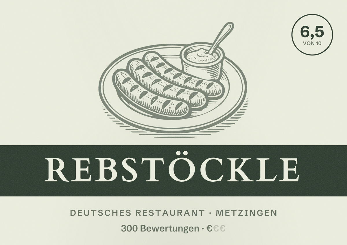 Illustriertes Poster von Rebstöckle, Deutsches Restaurant in Metzingen: Bewertung 6,5 von 10 aus 300 Bewertungen, Preisniveau €