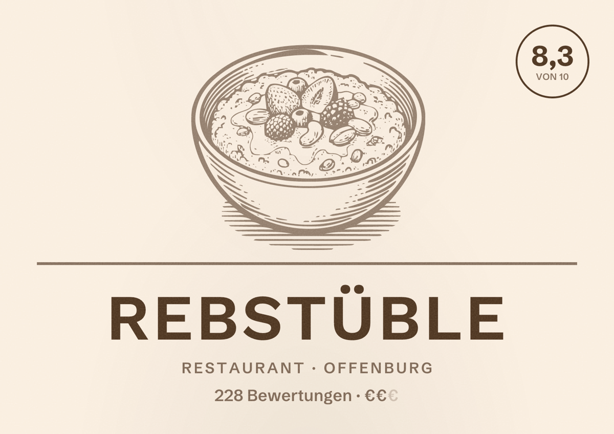 Illustriertes Poster von Rebstüble, Restaurant in Offenburg: Bewertung 8,3 von 10 aus 228 Bewertungen, Preisniveau €€