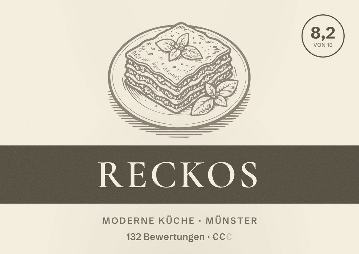 Illustriertes Poster von RECKOS, Moderne Küche in Münster: Bewertung 8,2 von 10 aus 132 Bewertungen, Preisniveau €€