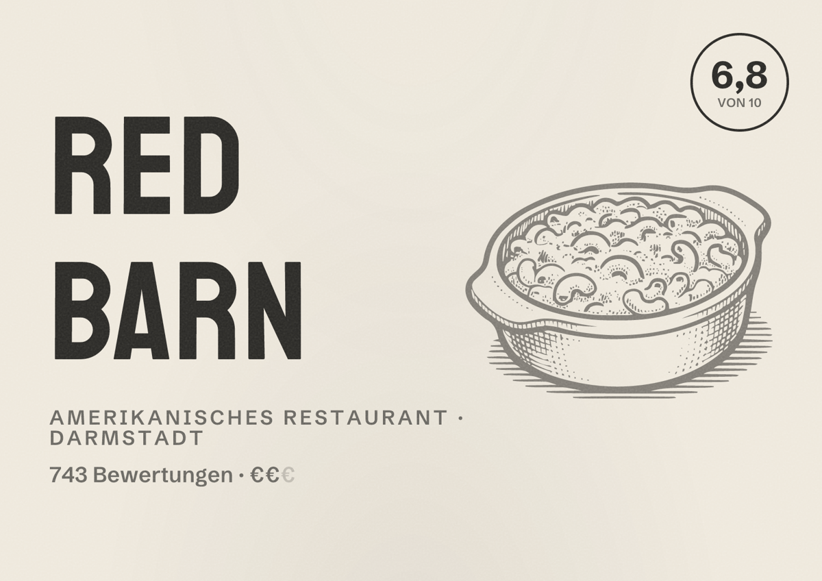 Illustriertes Poster von Red Barn, Amerikanisches Restaurant in Darmstadt: Bewertung 6,8 von 10 aus 743 Bewertungen, Preisniveau €€