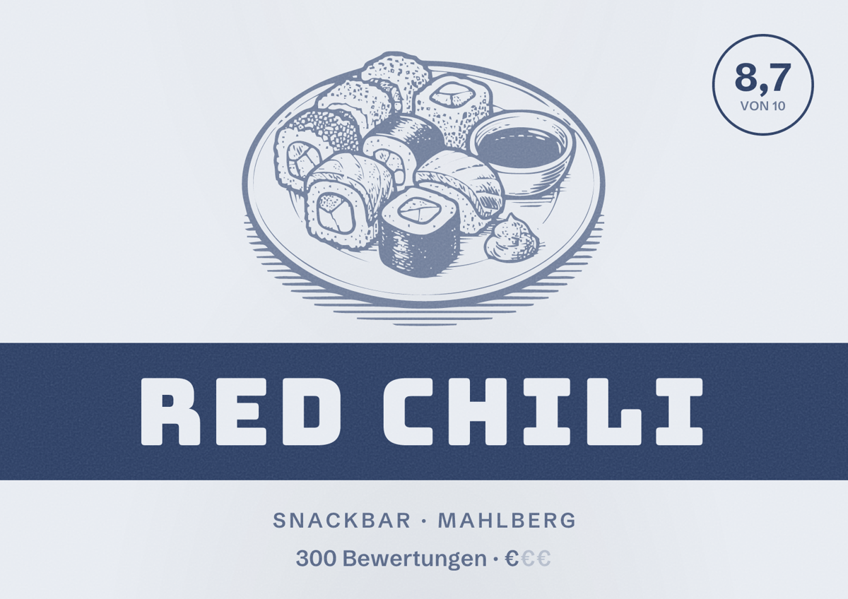Illustriertes Poster von Red Chili, Snackbar in Mahlberg: Bewertung 8,7 von 10 aus 300 Bewertungen, Preisniveau €
