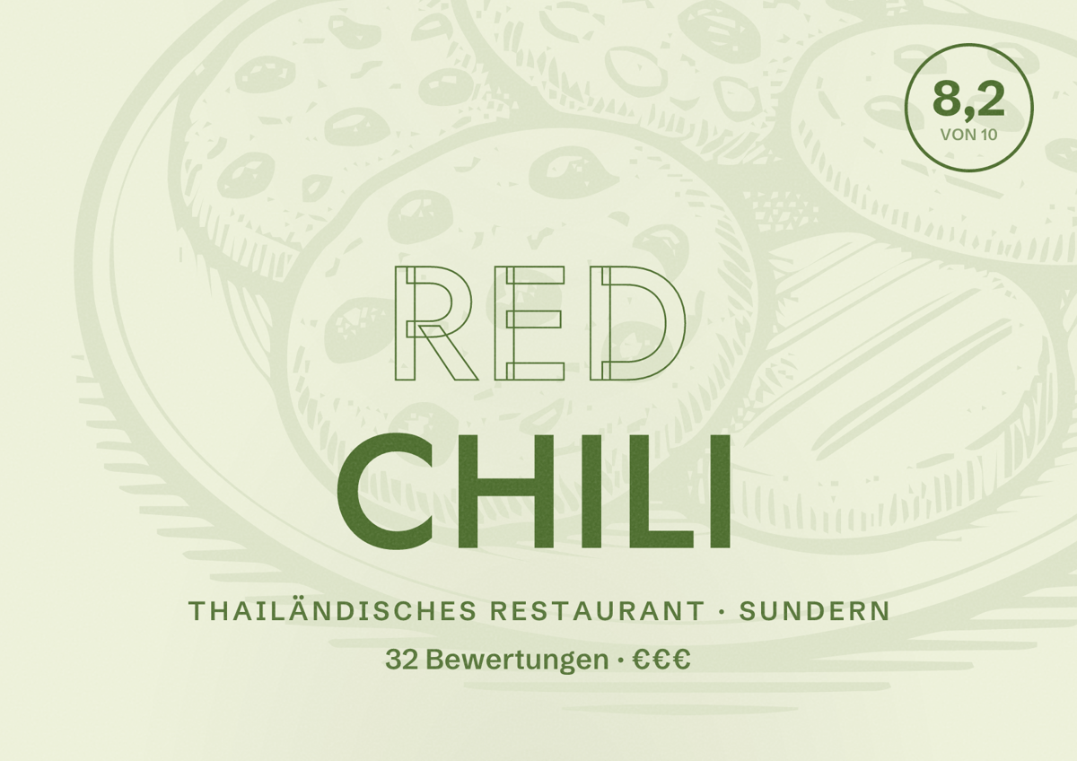 Illustriertes Poster von Red Chili, Thailändisches Restaurant in Sundern: Bewertung 8,2 von 10 aus 32 Bewertungen, Preisniveau €€€