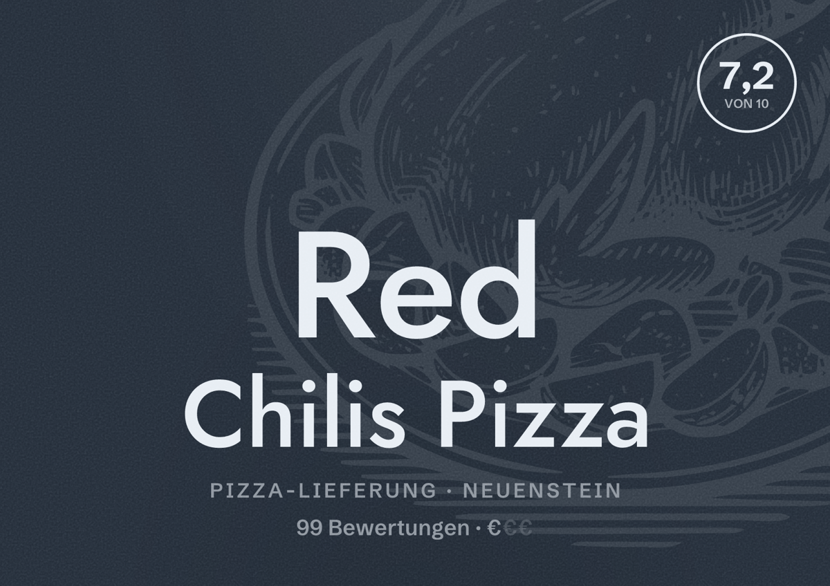 Illustriertes Poster von Red Chilis Pizza, Pizza-Lieferung in Neuenstein: Bewertung 7,2 von 10 aus 99 Bewertungen, Preisniveau €