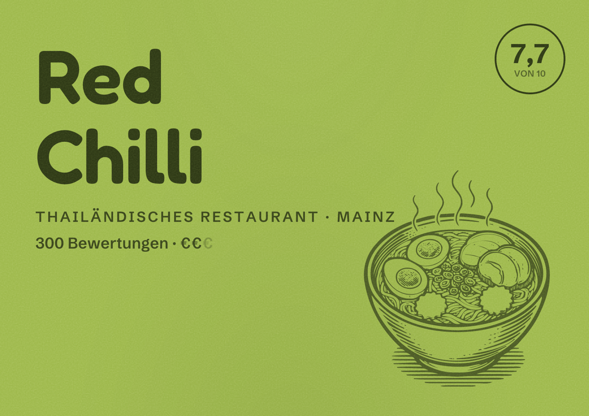 Illustriertes Poster von Red Chilli, Thailändisches Restaurant in Mainz: Bewertung 7,7 von 10 aus 300 Bewertungen, Preisniveau €€