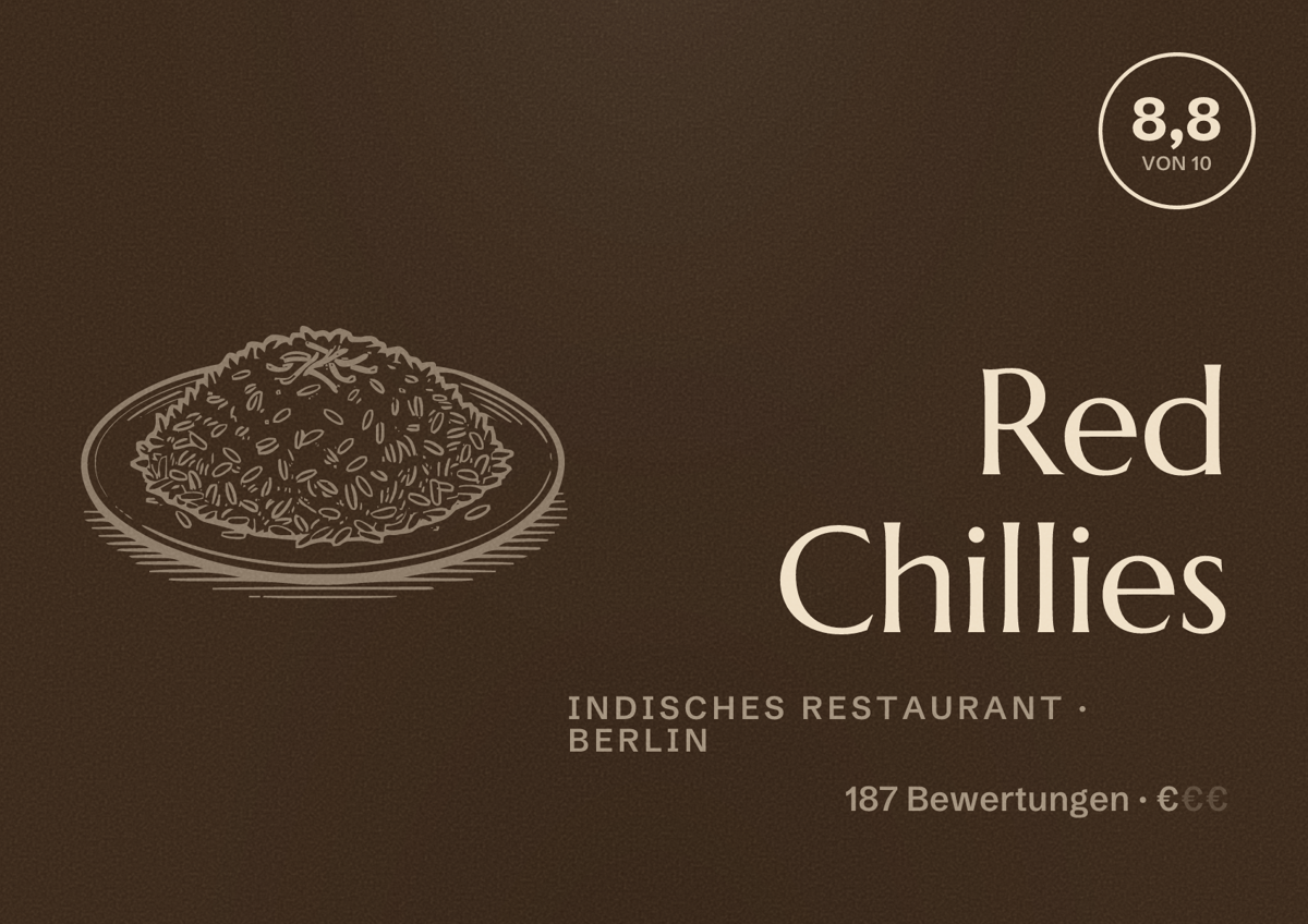 Illustriertes Poster von Red Chillies, Indisches Restaurant in Berlin: Bewertung 8,8 von 10 aus 187 Bewertungen, Preisniveau €
