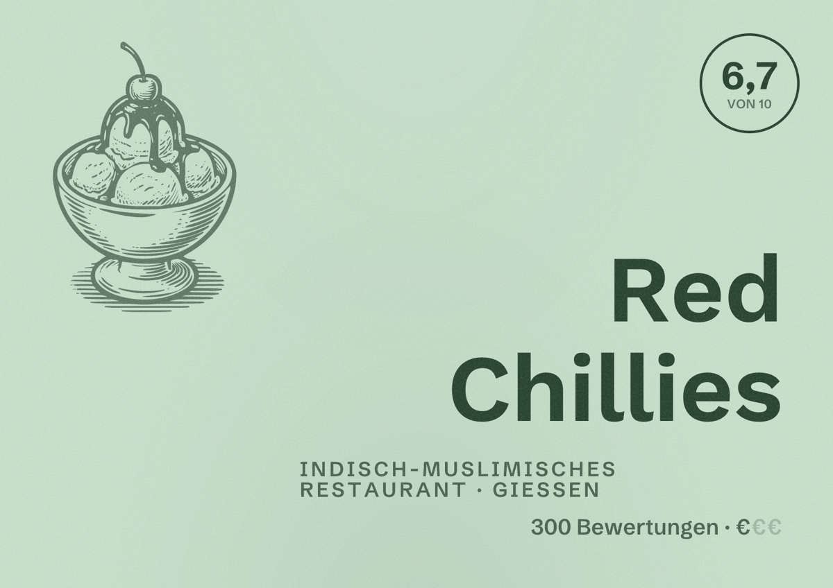 Illustriertes Poster von Red Chillies, Indisch-muslimisches Restaurant in Gießen: Bewertung 6,7 von 10 aus 300 Bewertungen, Preisniveau €