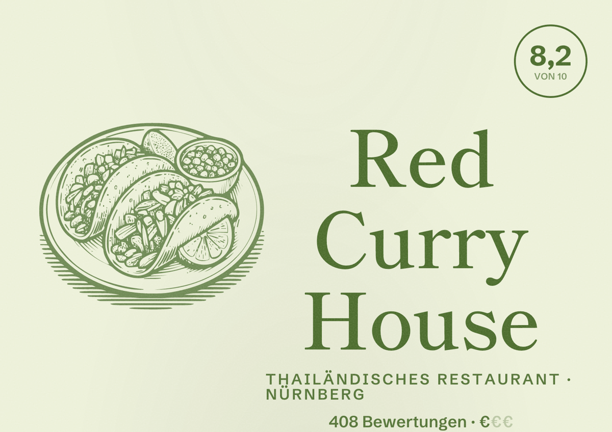 Illustriertes Poster von Red Curry House, Thailändisches Restaurant in Nürnberg: Bewertung 8,2 von 10 aus 408 Bewertungen, Preisniveau €