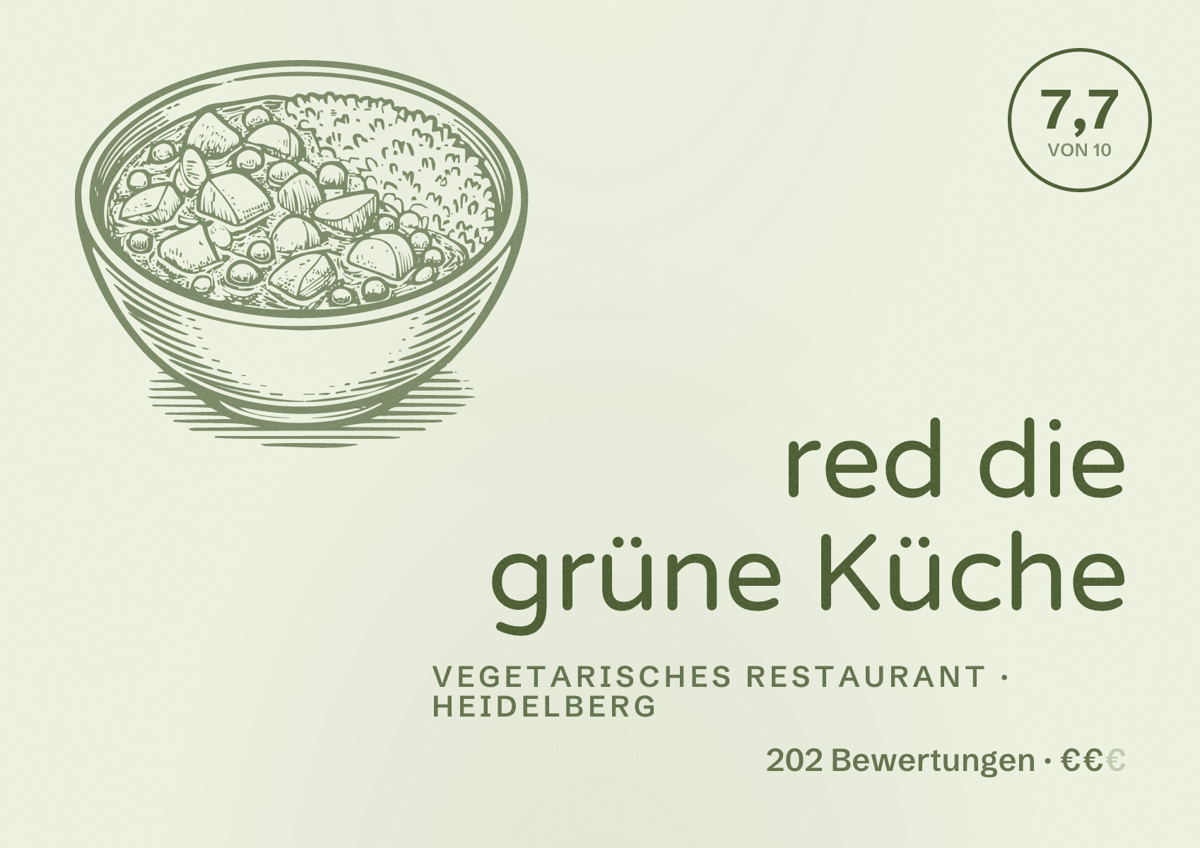 Illustriertes Poster von red die grüne Küche, Vegetarisches Restaurant in Heidelberg: Bewertung 7,7 von 10 aus 202 Bewertungen, Preisniveau €€