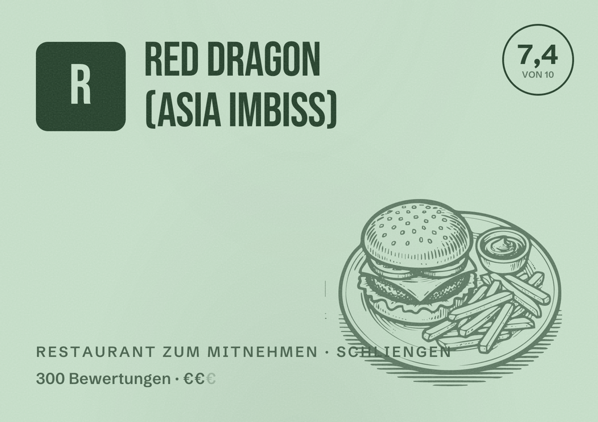 Illustriertes Poster von Red Dragon (Asia Imbiss), Restaurant zum Mitnehmen in Schliengen: Bewertung 7,4 von 10 aus 300 Bewertungen, Preisniveau €€