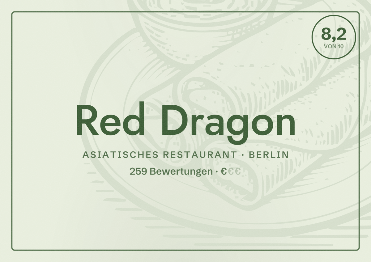 Illustriertes Poster von Red Dragon, Asiatisches Restaurant in Berlin: Bewertung 8,2 von 10 aus 259 Bewertungen, Preisniveau €