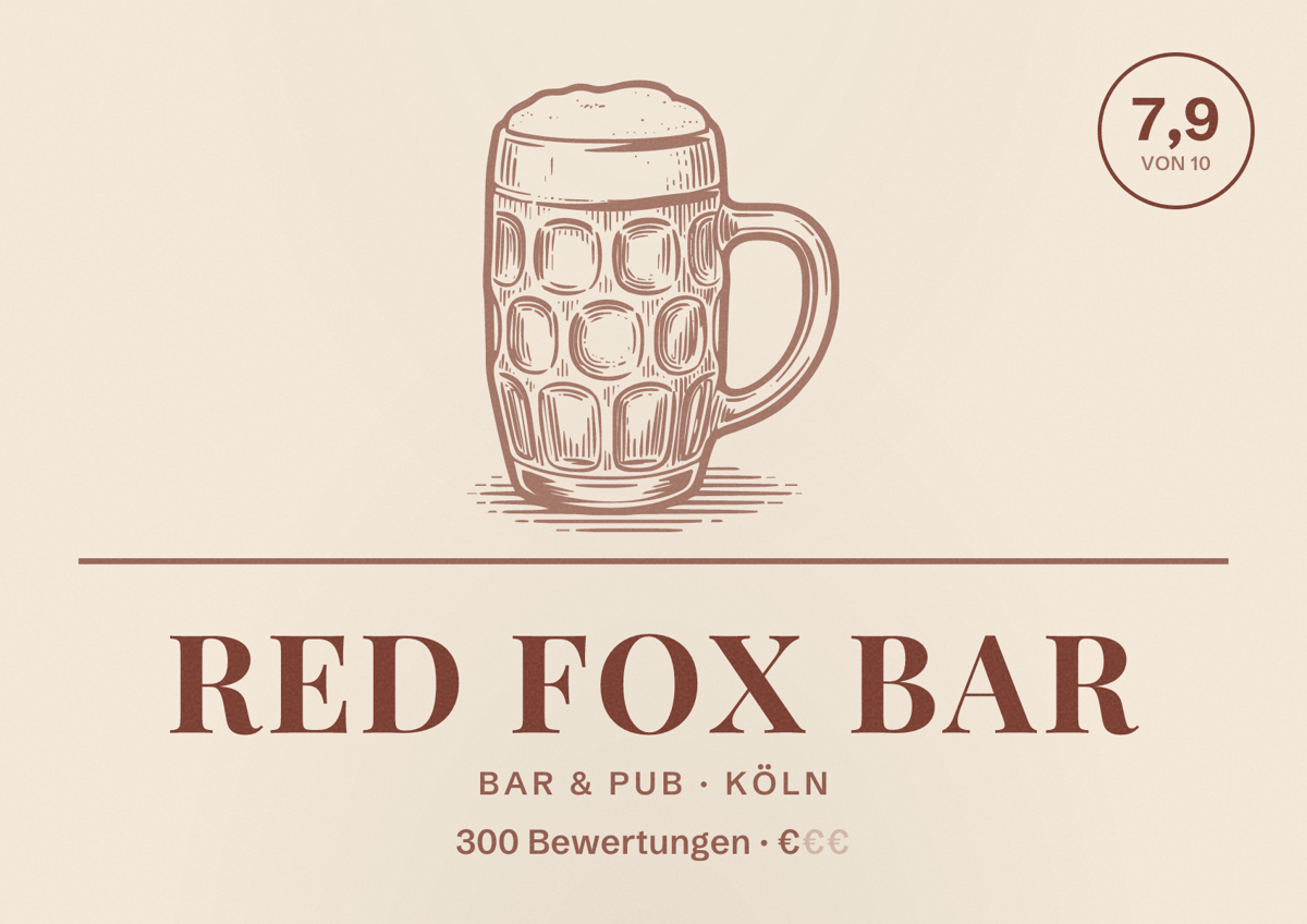 Illustriertes Poster von Red Fox Bar, Bar & Pub in Köln: Bewertung 7,9 von 10 aus 300 Bewertungen, Preisniveau €