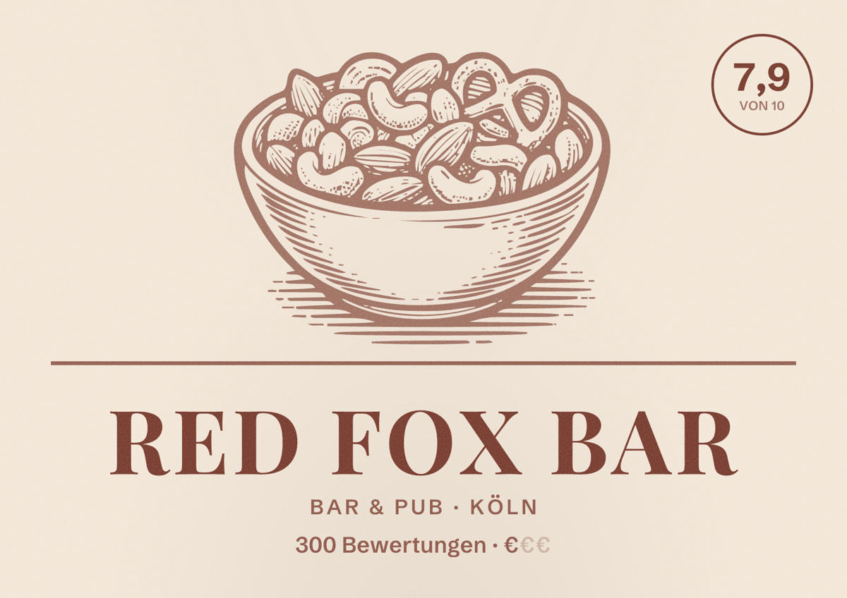 Illustriertes Poster von Red Fox Bar, Bar & Pub in Köln: Bewertung 7,9 von 10 aus 300 Bewertungen, Preisniveau €