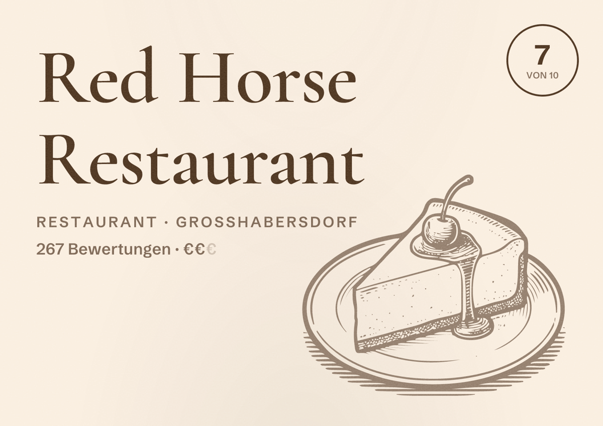 Illustriertes Poster von Red Horse Restaurant, Restaurant in Großhabersdorf: Bewertung 7 von 10 aus 267 Bewertungen, Preisniveau €€