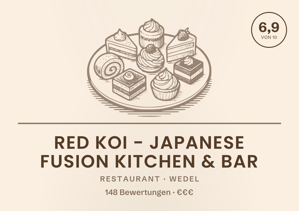 Illustriertes Poster von RED KOI - Japanese Fusion Kitchen & Bar, Restaurant in Wedel: Bewertung 6,9 von 10 aus 148 Bewertungen, Preisniveau €€€