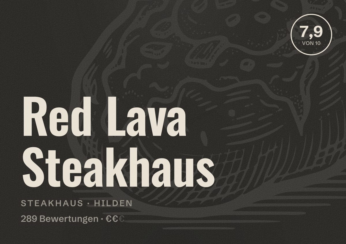 Illustriertes Poster von Red Lava Steakhaus, Steakhaus in Hilden: Bewertung 7,9 von 10 aus 289 Bewertungen, Preisniveau €€