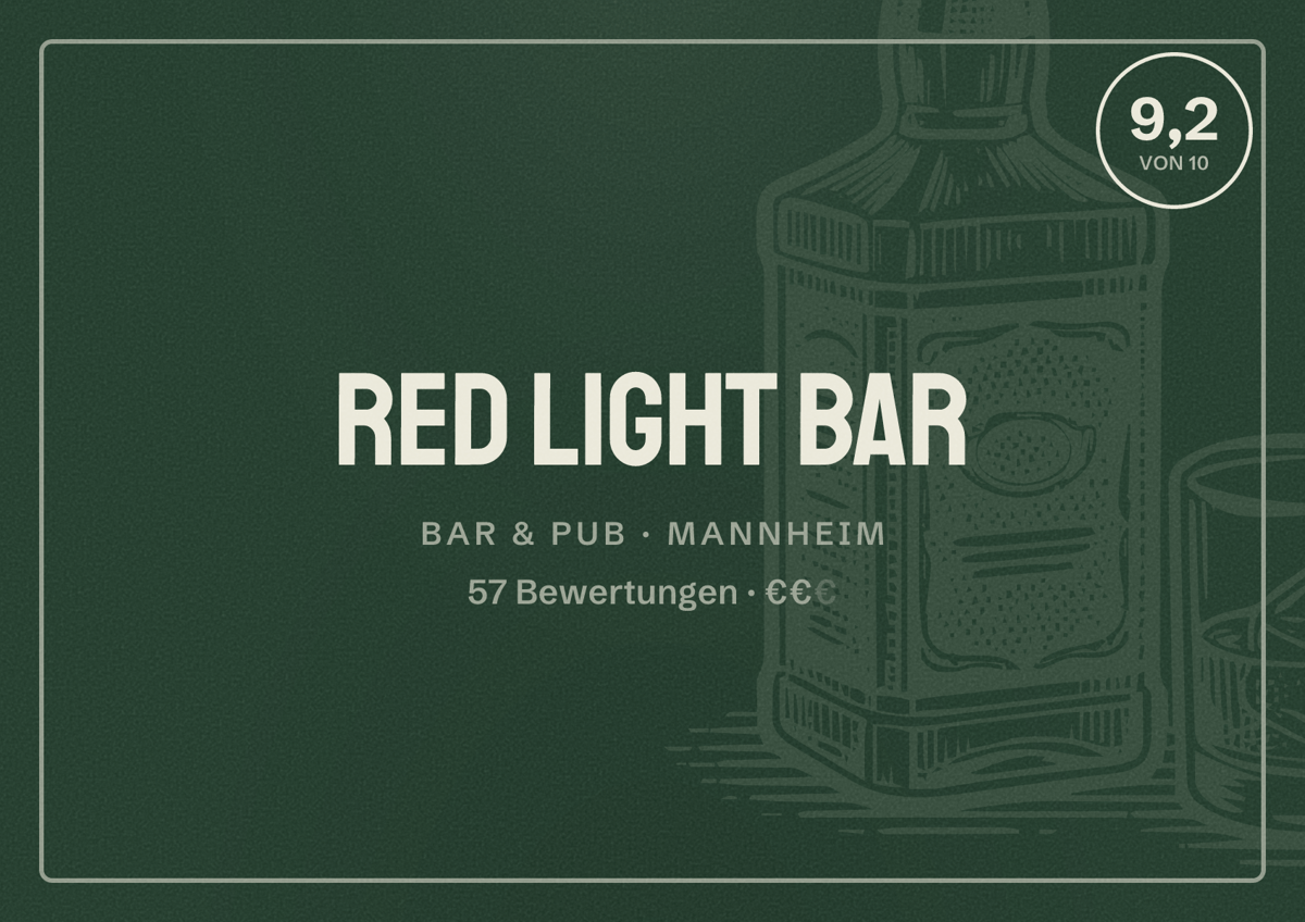 Illustriertes Poster von Red Light Bar, Bar & Pub in Mannheim: Bewertung 9,2 von 10 aus 57 Bewertungen, Preisniveau €€