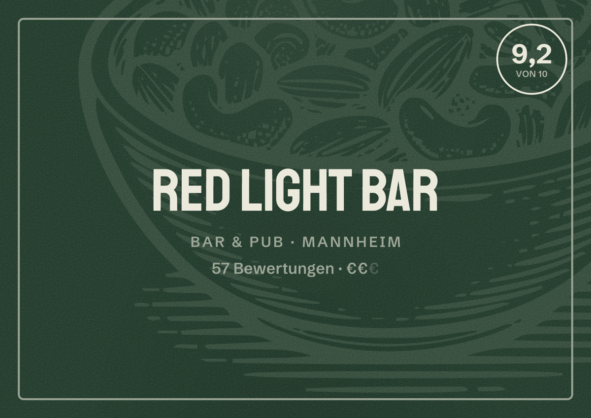 Illustriertes Poster von Red Light Bar, Bar & Pub in Mannheim: Bewertung 9,2 von 10 aus 57 Bewertungen, Preisniveau €€