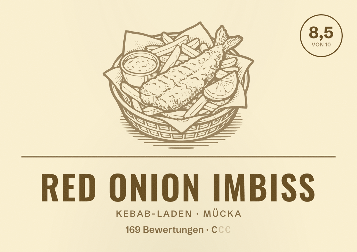 Illustriertes Poster von Red Onion Imbiss, Kebab-Laden in Mücka: Bewertung 8,5 von 10 aus 169 Bewertungen, Preisniveau €