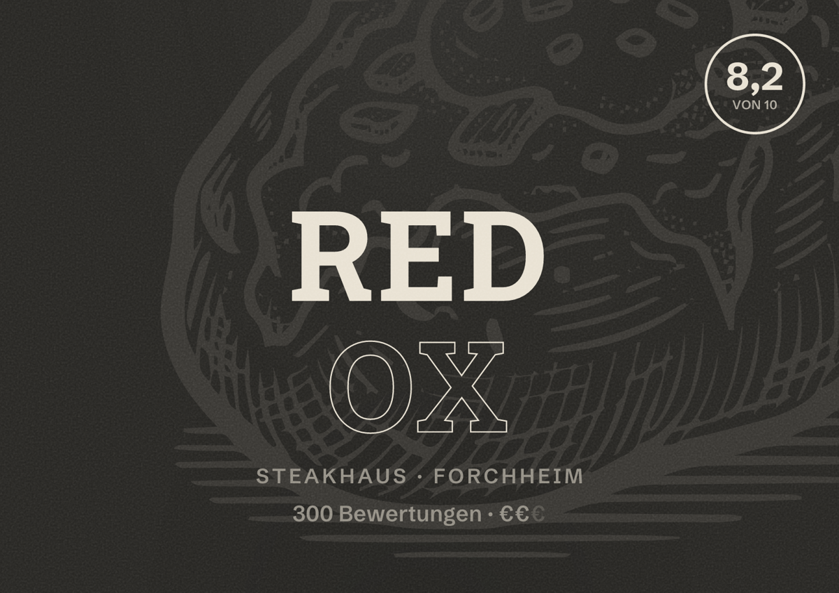 Illustriertes Poster von Red Ox, Steakhaus in Forchheim: Bewertung 8,2 von 10 aus 300 Bewertungen, Preisniveau €€