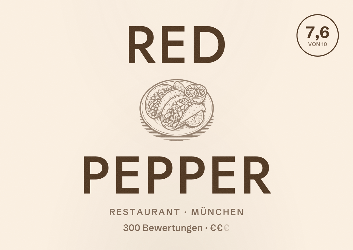 Illustriertes Poster von Red Pepper, Restaurant in München: Bewertung 7,6 von 10 aus 300 Bewertungen, Preisniveau €€