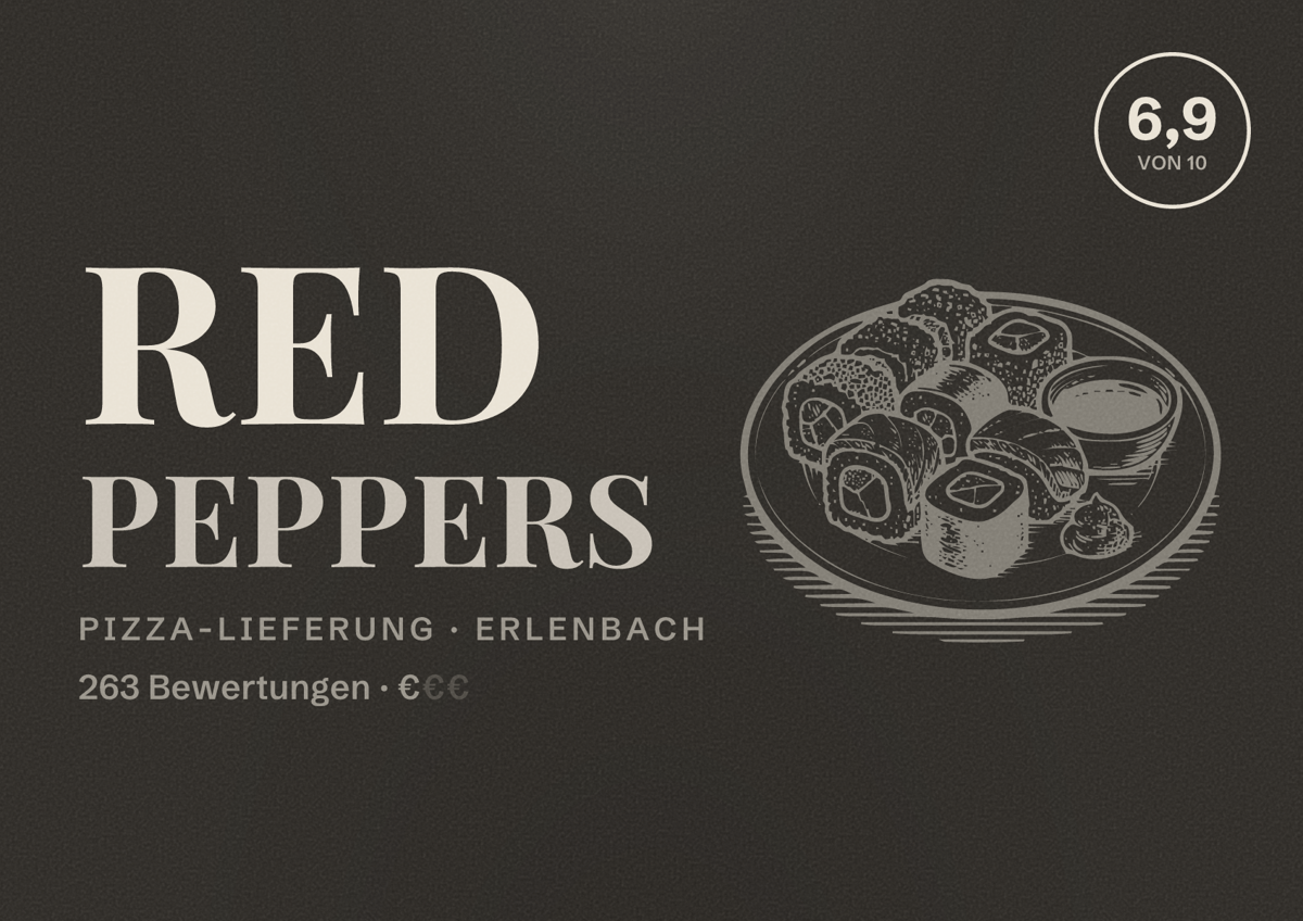 Illustriertes Poster von RED PEPPERS, Pizza-Lieferung in Erlenbach: Bewertung 6,9 von 10 aus 263 Bewertungen, Preisniveau €