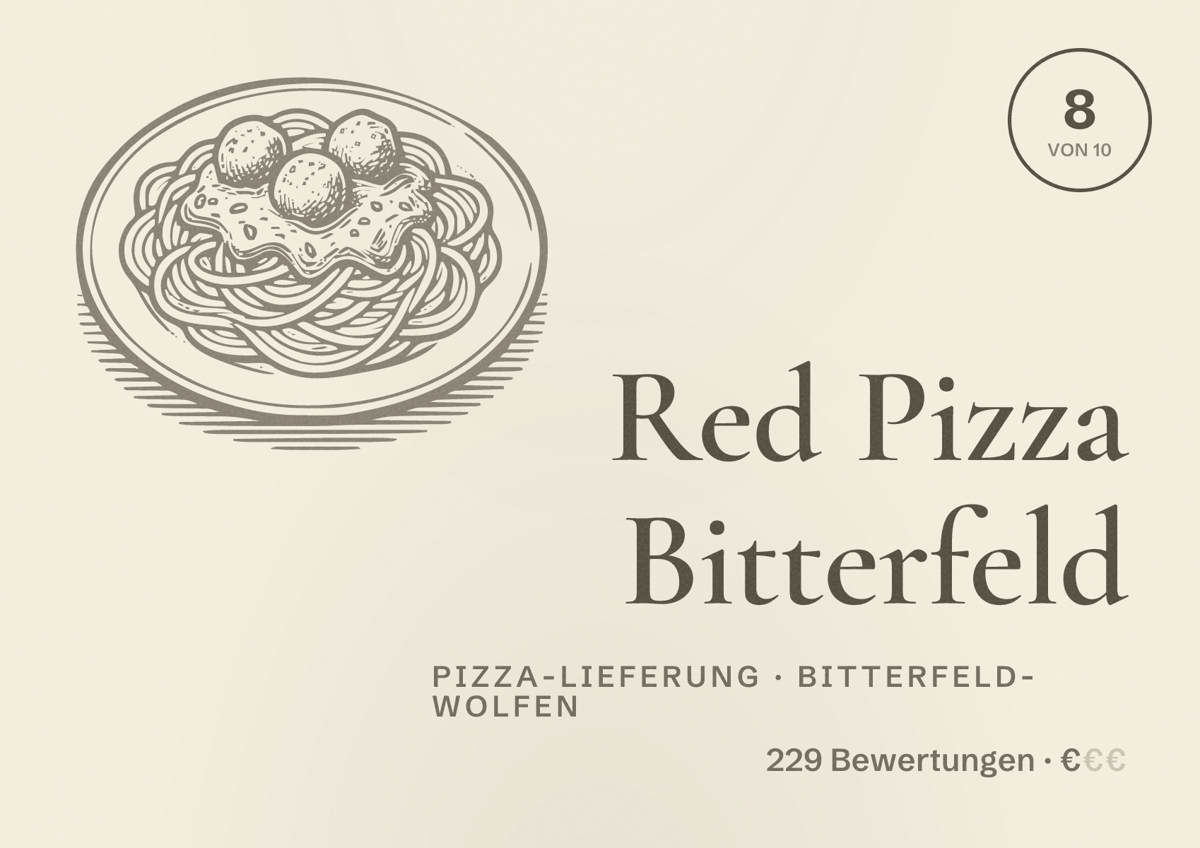 Illustriertes Poster von Red Pizza Bitterfeld, Pizza-Lieferung in Bitterfeld-Wolfen: Bewertung 8 von 10 aus 229 Bewertungen, Preisniveau €