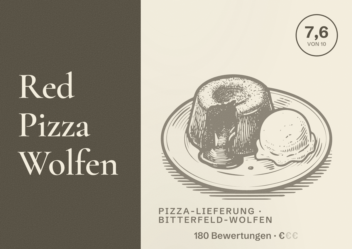 Illustriertes Poster von Red Pizza Wolfen, Pizza-Lieferung in Bitterfeld-Wolfen: Bewertung 7,6 von 10 aus 180 Bewertungen, Preisniveau €