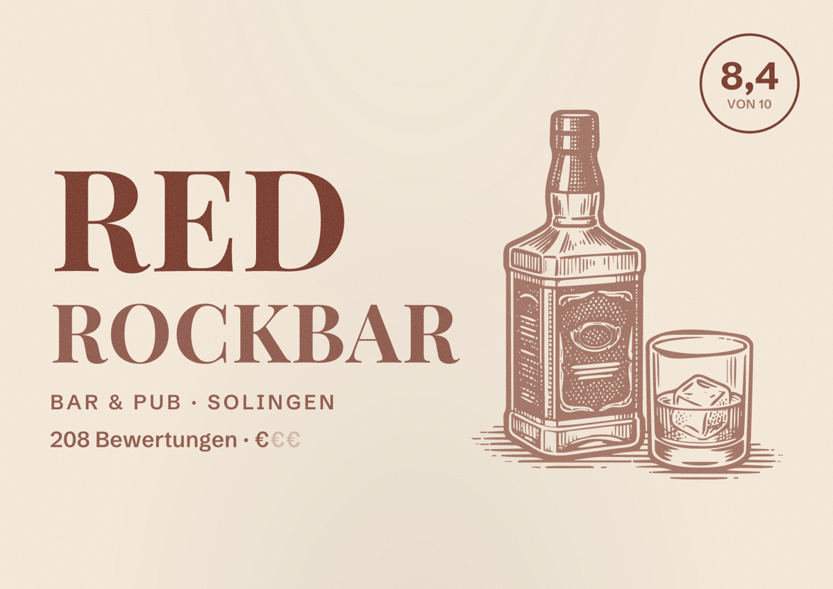 Illustriertes Poster von Red Rockbar, Bar & Pub in Solingen: Bewertung 8,4 von 10 aus 208 Bewertungen, Preisniveau €