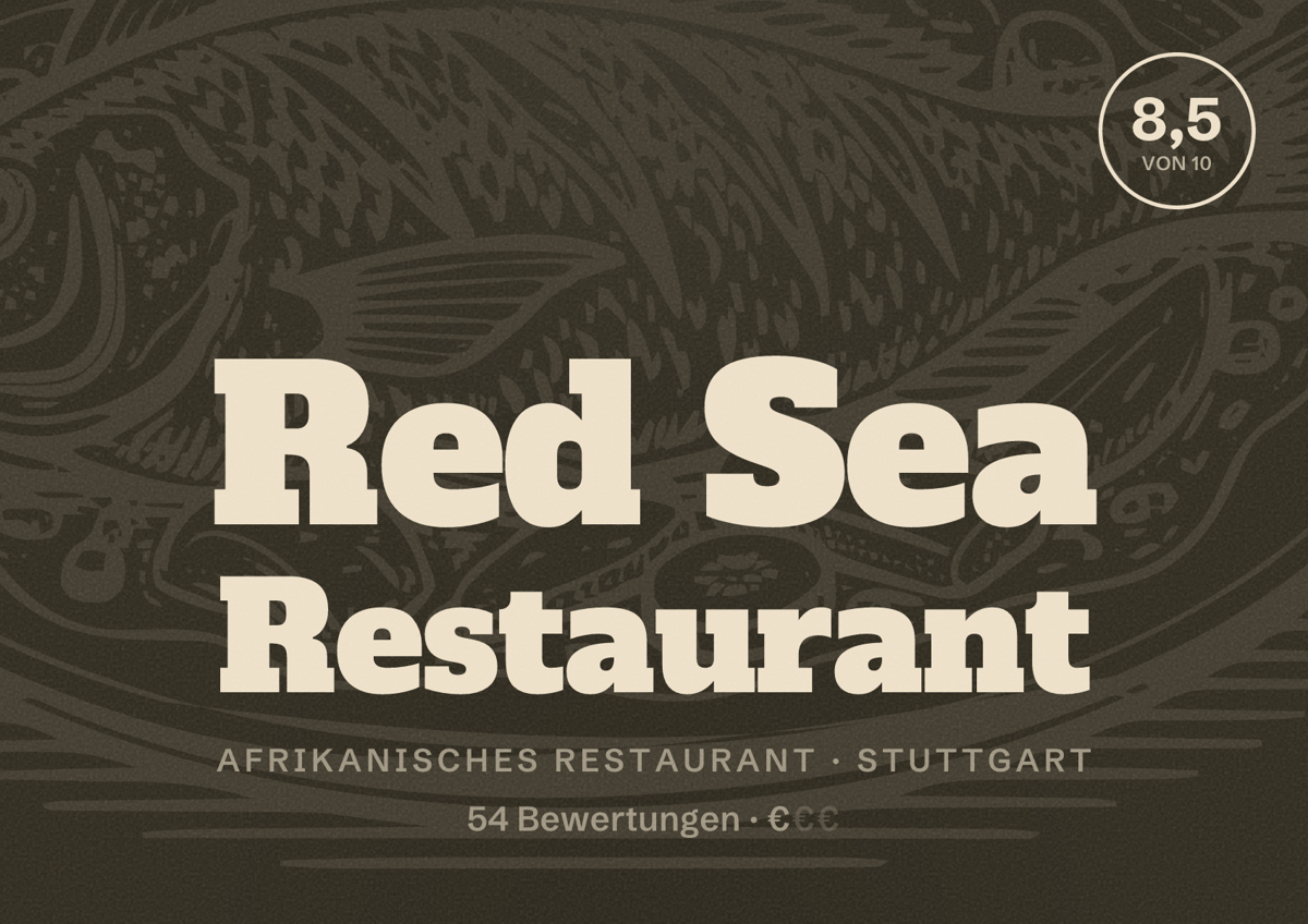 Illustriertes Poster von Red Sea Restaurant, Afrikanisches Restaurant in Stuttgart: Bewertung 8,5 von 10 aus 54 Bewertungen, Preisniveau €