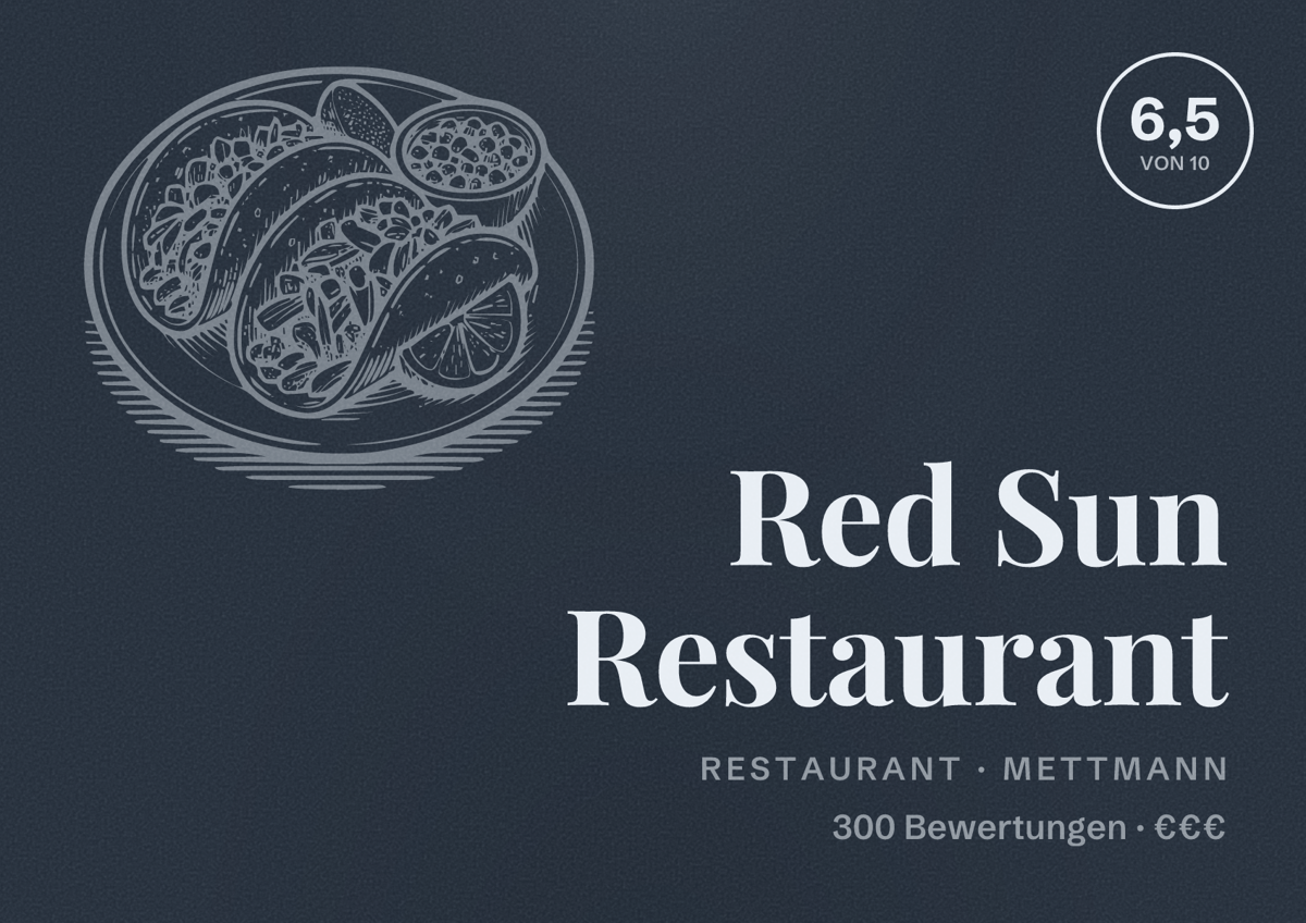 Illustriertes Poster von Red Sun Restaurant, Restaurant in Mettmann: Bewertung 6,5 von 10 aus 300 Bewertungen, Preisniveau €€€