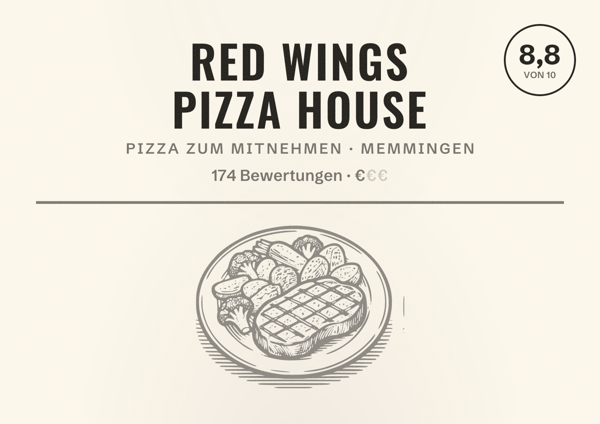 Illustriertes Poster von Red Wings Pizza House, Pizza zum Mitnehmen in Memmingen: Bewertung 8,8 von 10 aus 174 Bewertungen, Preisniveau €