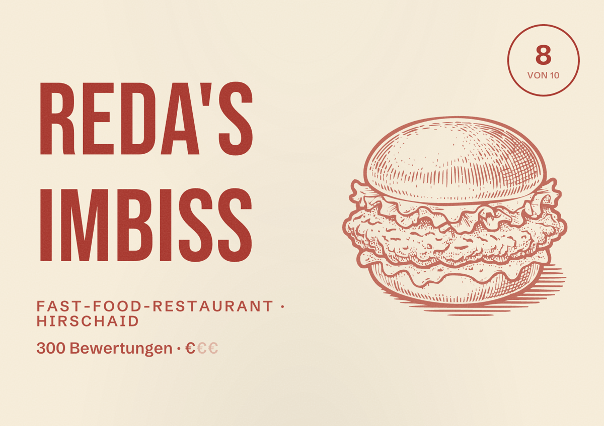 Illustriertes Poster von REDA's Imbiss, Fast-Food-Restaurant in Hirschaid: Bewertung 8 von 10 aus 300 Bewertungen, Preisniveau €