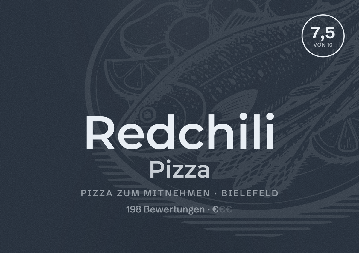 Illustriertes Poster von Redchili Pizza, Pizza zum Mitnehmen in Bielefeld: Bewertung 7,5 von 10 aus 198 Bewertungen, Preisniveau €