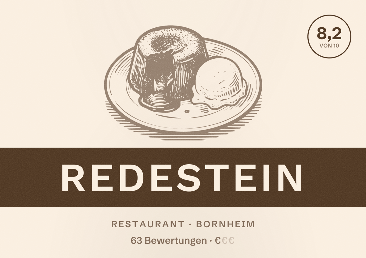 Illustriertes Poster von Redestein, Restaurant in Bornheim: Bewertung 8,2 von 10 aus 63 Bewertungen, Preisniveau €