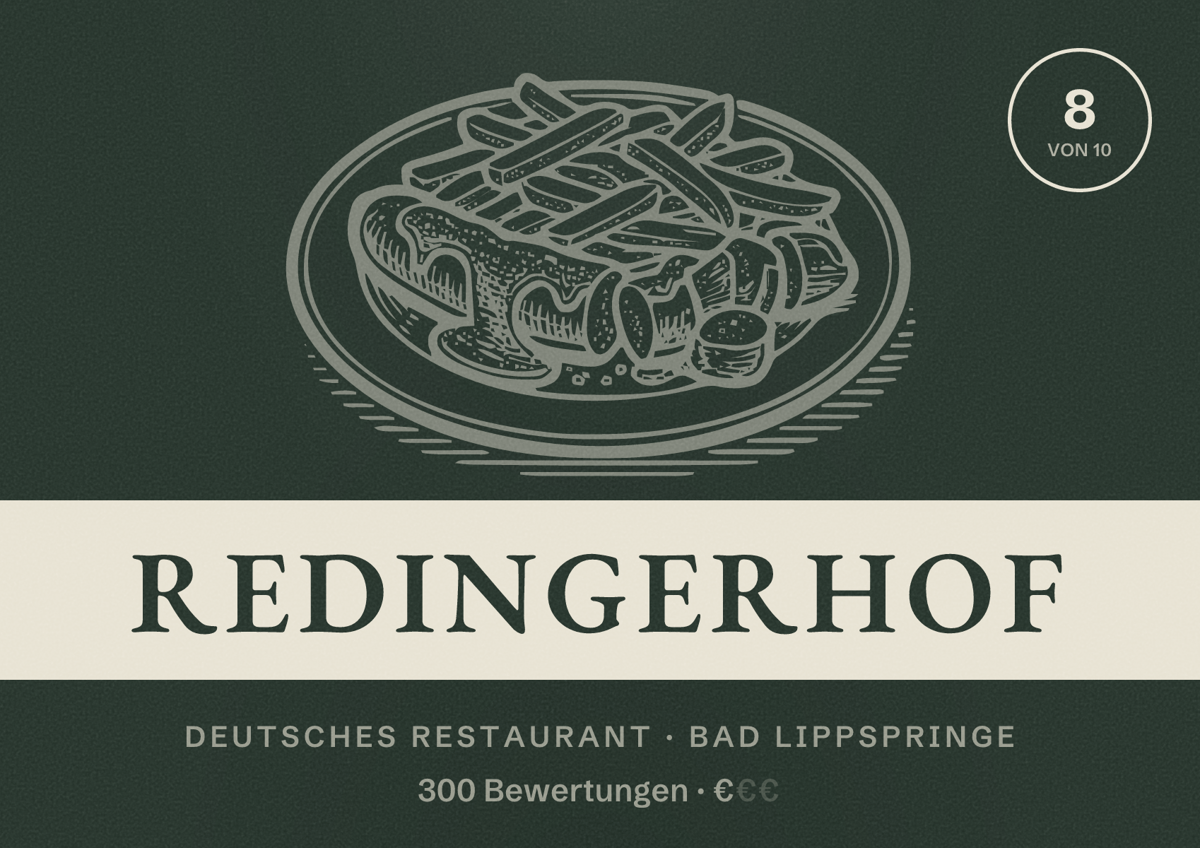 Illustriertes Poster von Redingerhof, Deutsches Restaurant in Bad Lippspringe: Bewertung 8 von 10 aus 300 Bewertungen, Preisniveau €