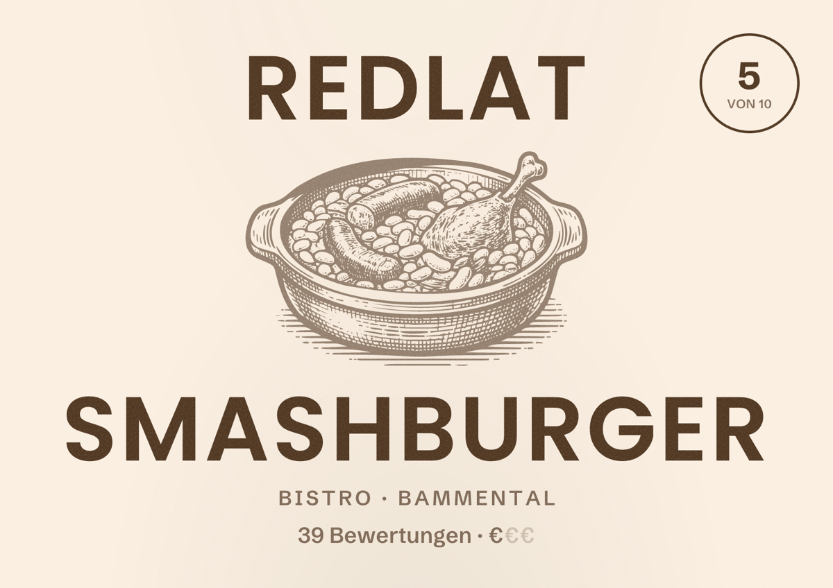 Illustriertes Poster von Redlat Smashburger, Bistro in Bammental: Bewertung 5 von 10 aus 39 Bewertungen, Preisniveau €