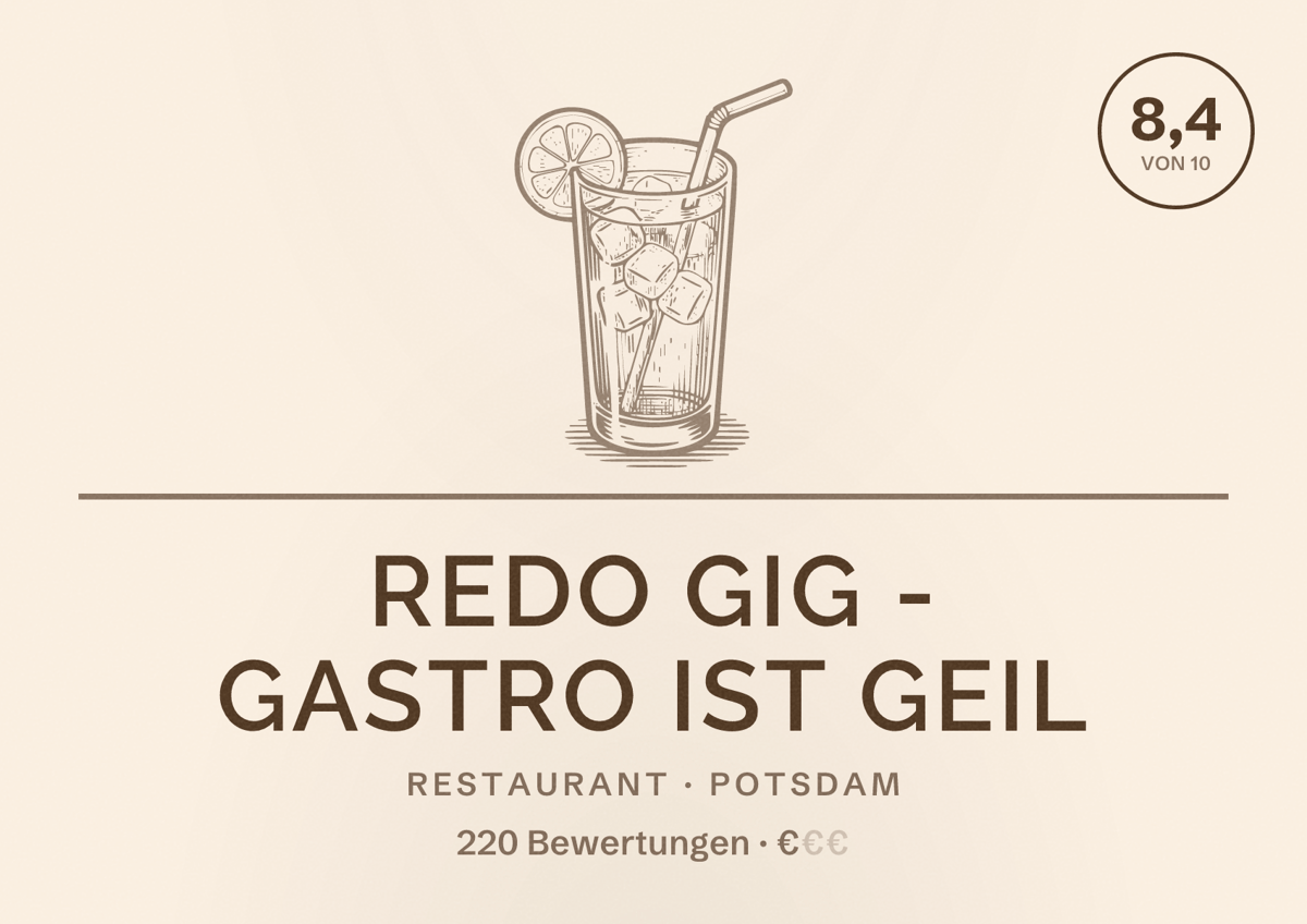 Illustriertes Poster von Redo GIG - Gastro ist geil, Restaurant in Potsdam: Bewertung 8,4 von 10 aus 220 Bewertungen, Preisniveau €