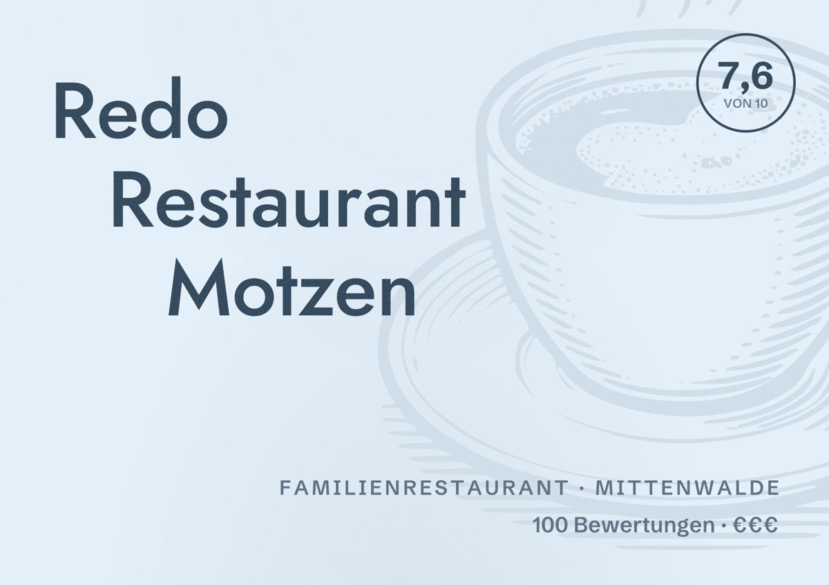 Illustriertes Poster von Redo Restaurant Motzen, Familienrestaurant in Mittenwalde: Bewertung 7,6 von 10 aus 100 Bewertungen, Preisniveau €€€
