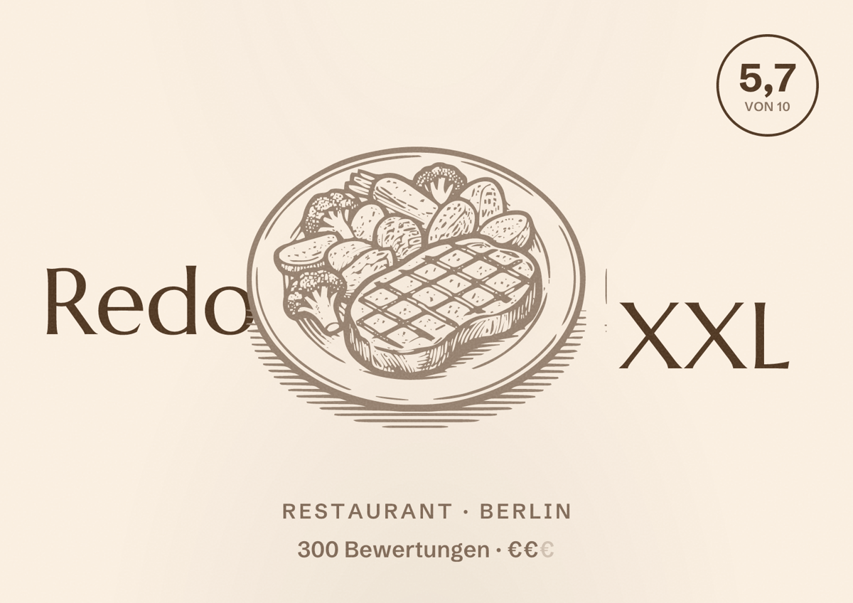Illustriertes Poster von Redo XXL, Restaurant in Berlin: Bewertung 5,7 von 10 aus 300 Bewertungen, Preisniveau €€