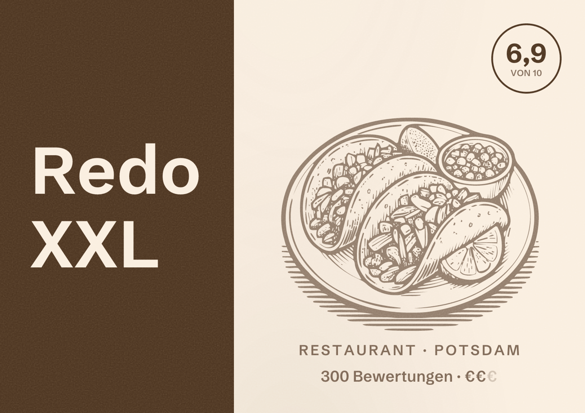 Illustriertes Poster von Redo XXL, Restaurant in Potsdam: Bewertung 6,9 von 10 aus 300 Bewertungen, Preisniveau €€