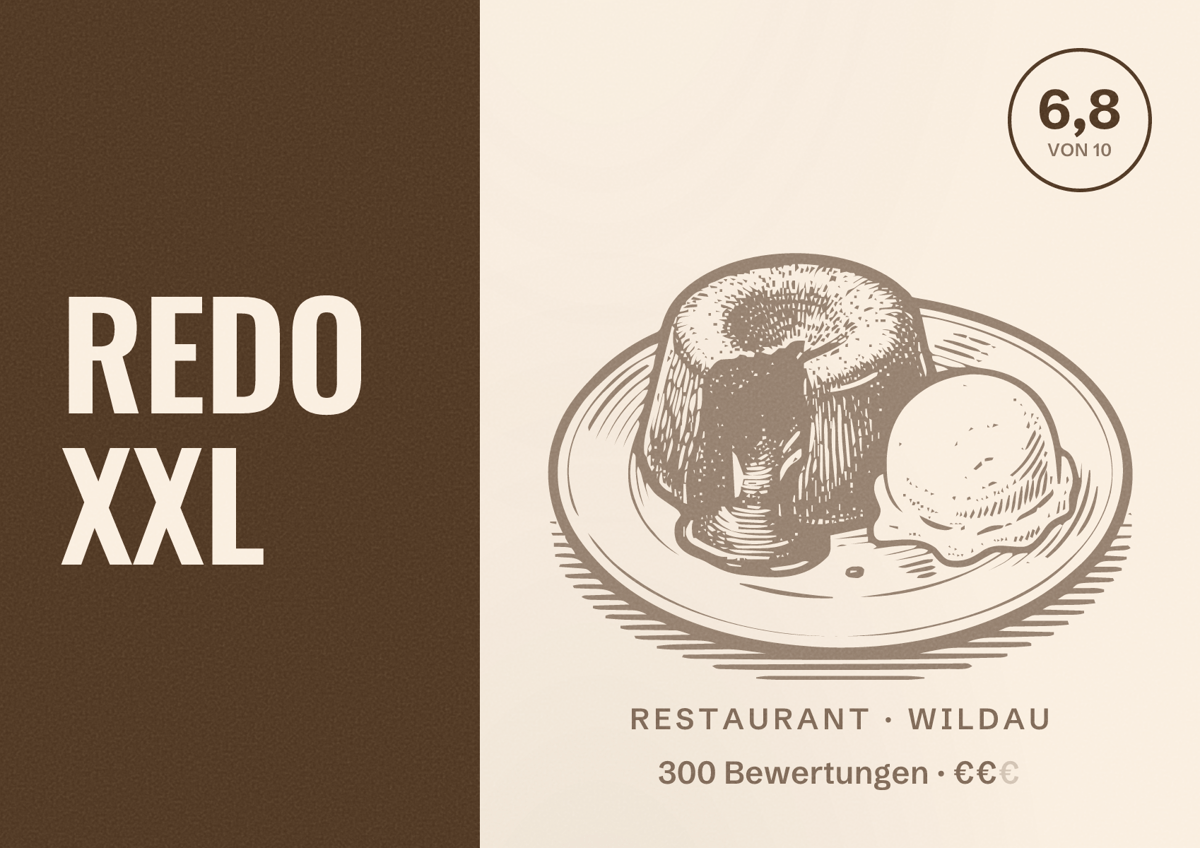 Illustriertes Poster von REDO XXL, Restaurant in Wildau: Bewertung 6,8 von 10 aus 300 Bewertungen, Preisniveau €€